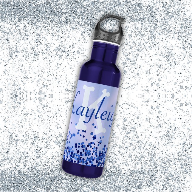 Simple Blue Brushed Metal and Glitter Monogram | Stainless Steel Water Bottle (Creator Uploaded)