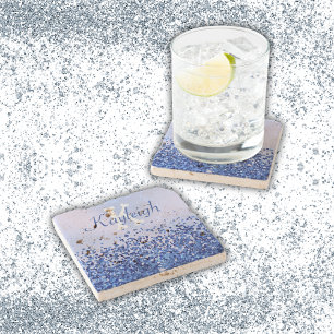 Simple Blue Brushed Metal and Glitter Monogram Stone Coaster