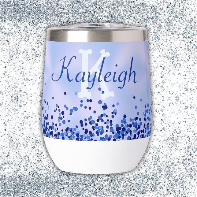 Simple Blue Brushed Metal and Glitter Monogram | Thermal Wine Tumbler (Creator Uploaded)