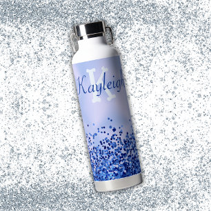Simple Blue Brushed Metal and Glitter Monogram   Water Bottle