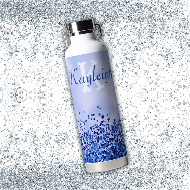 Simple Blue Brushed Metal and Glitter Monogram | Water Bottle (Creator Uploaded)