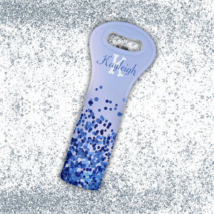 Simple Blue Brushed Metal and Glitter Monogram   Wine Bag
