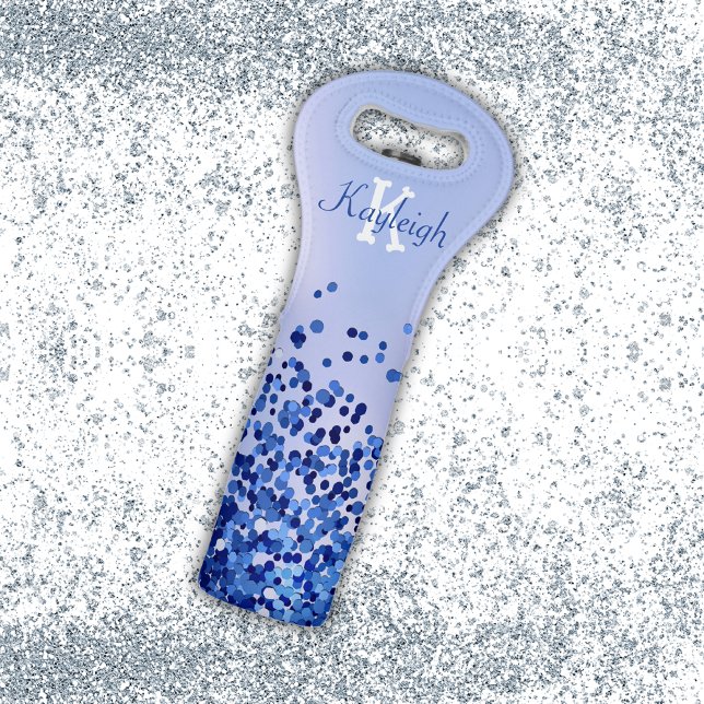 Simple Blue Brushed Metal and Glitter Monogram | Wine Bag (Creator Uploaded)