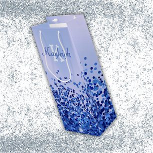 Simple Blue Brushed Metal and Glitter Monogram Wine Gift Bag