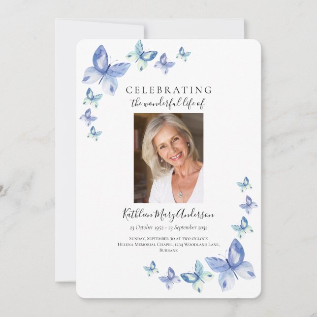 Simple Blue Butterfly Celebration of Life Invitati Invitation (Front)