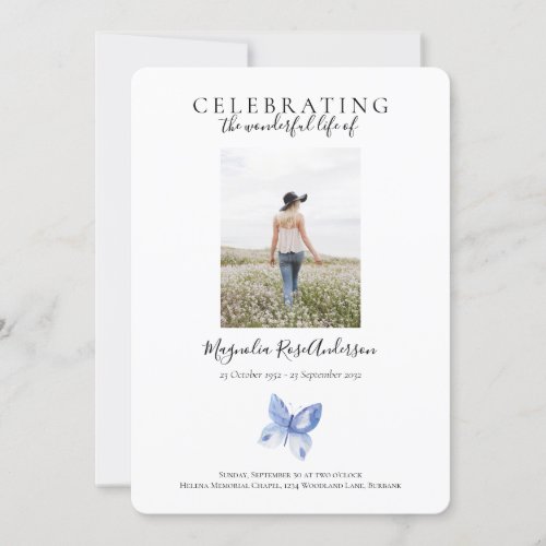 Simple Blue Butterfly Celebration of Life Invitation