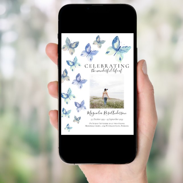 Simple Blue Butterfly Funeral Invitation (Front Digital)