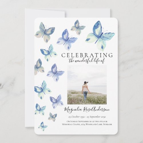 Simple Blue Butterfly Funeral Invitation