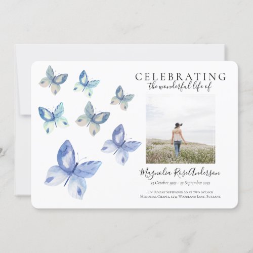 Simple Blue Butterfly Funeral Invitation