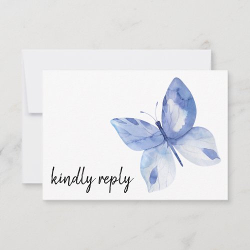 Simple Blue Butterfly Watercolor Kindly Reply RSVP Card