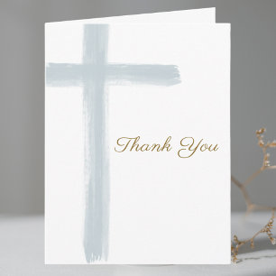 Simple Blue Cross Baptism Folded  Thank You Card