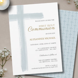Simple Blue Cross Boy First Holy Communion Invitation