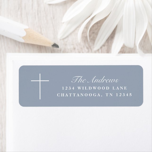 Simple Blue Cross Script Baptism Return Address Label (Insitu)