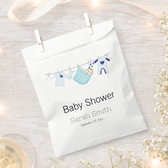 Simple Blue Cute Boy Clothesline Baby Shower  Favor Bag (Clipped)