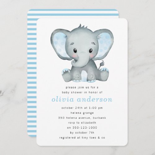 Simple Blue Elephant Baby Shower Invitation
