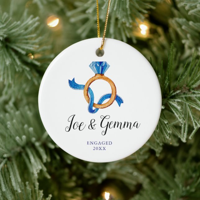 Simple Blue Engagement Ring Engaged Couple Xmas Ceramic Ornament (Tree)