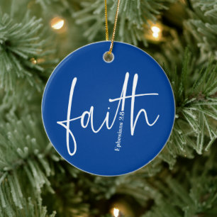 Simple Blue Faith Bible Verse Calligraphy Text Ceramic Ornament