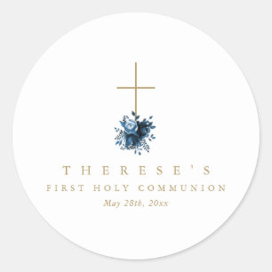Simple Blue Floral Cross First Holy Communion Classic Round Sticker
