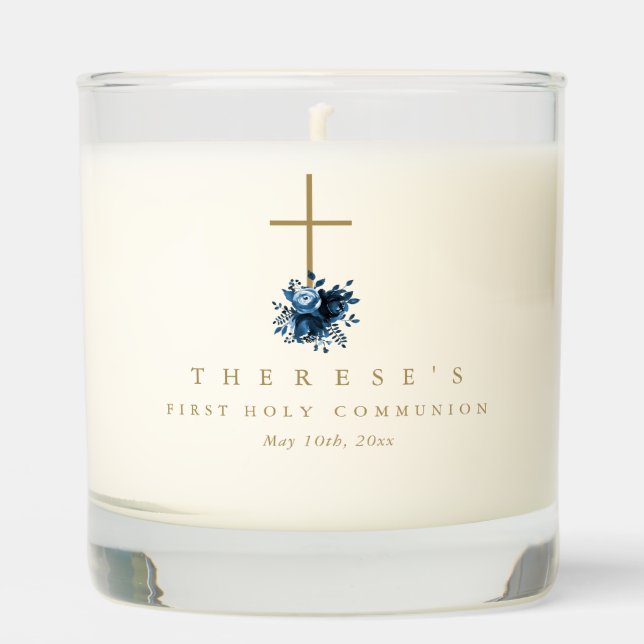 Simple Blue Floral Cross First Holy Communion Scented Candle (Front)