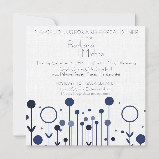 Simple Blue Floral Dot Modern Rehearsal Dinner Invitation (Front)