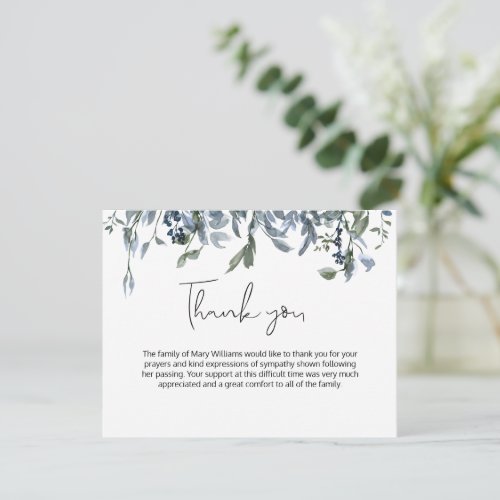 Simple Blue Floral Greenery Funeral Thank You