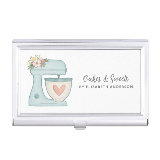 Simple Blue Floral Mixer Cake Bakery Business Card Case (Front)
