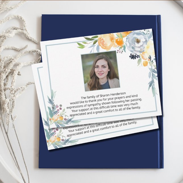 Simple Blue Floral Photo Funeral Thank You Card (Creator Uploaded)