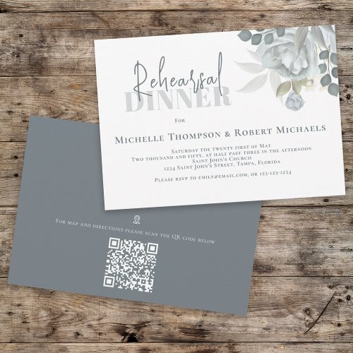Simple Blue Floral Rehearsal Dinner QR Code Map Invitation