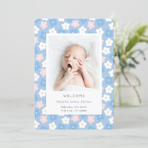 Simple Blue Floral Watercolor Cute Birth Announcement