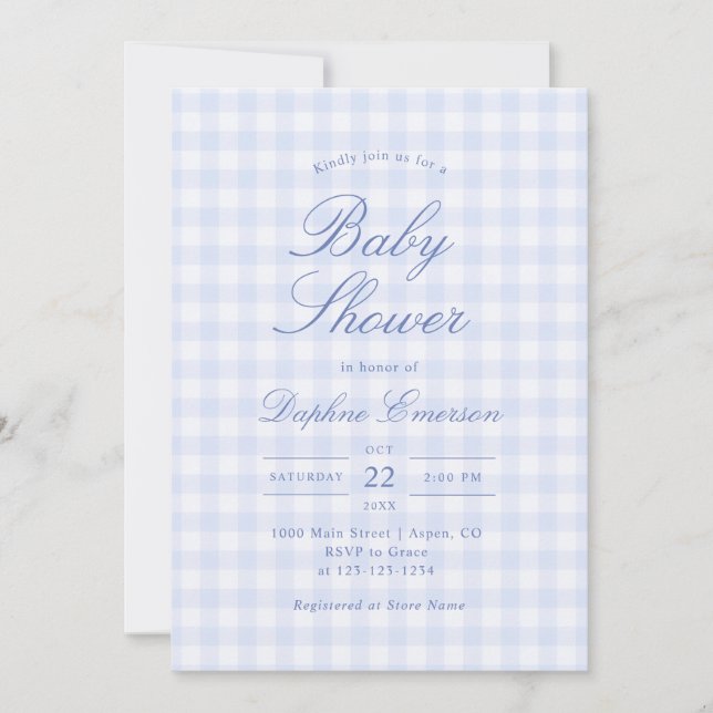 Simple Blue Gingham Baby Shower Invitation (Front)