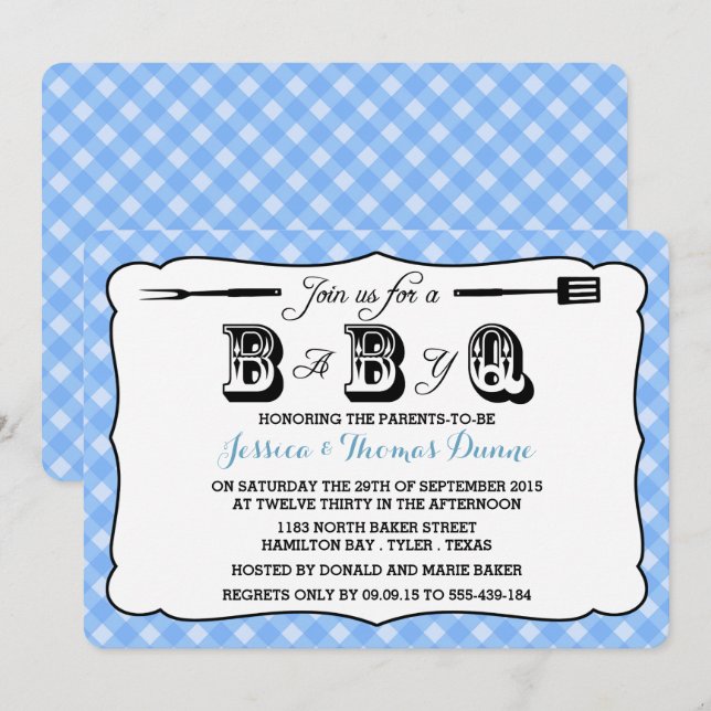 Simple Blue Gingham BBQ Baby Shower Invitations (Front/Back)