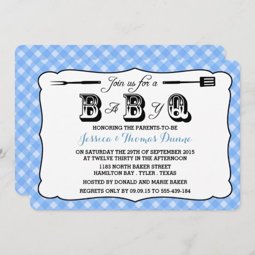 Simple Blue Gingham BBQ Baby Shower Invitations