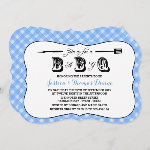 Simple Blue Gingham BBQ Baby Shower Invitations