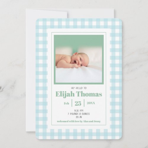 Simple Blue Gingham Photo Custom Newborn Boy Birth Announcement