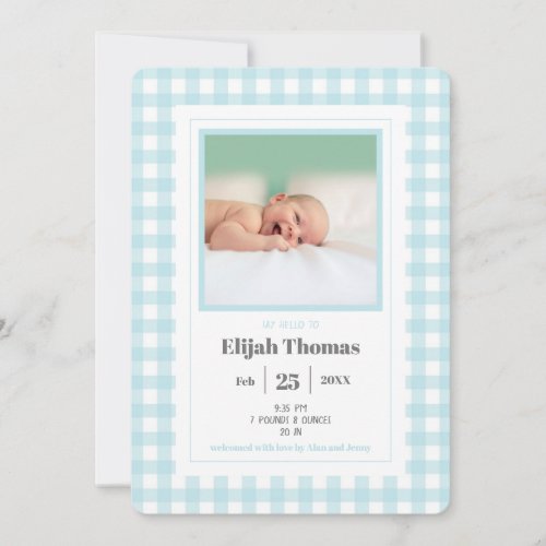 Simple Blue Gingham Photo Custom Newborn Boy Birth Announcement