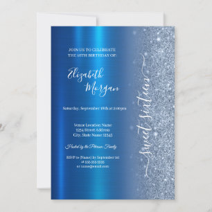 Simple Blue Glitter Metallic Blue Sweet 16 Invitation