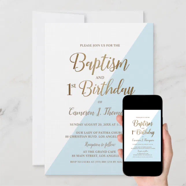Simple Blue Gold Baptism 1st Birthday Invitation Zazzle