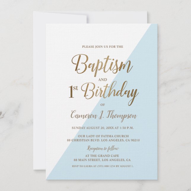 Simple Blue Gold Baptism 1st Birthday Invitation (Front)