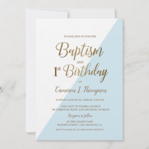 Simple Blue Gold Baptism 1st Birthday Invitation