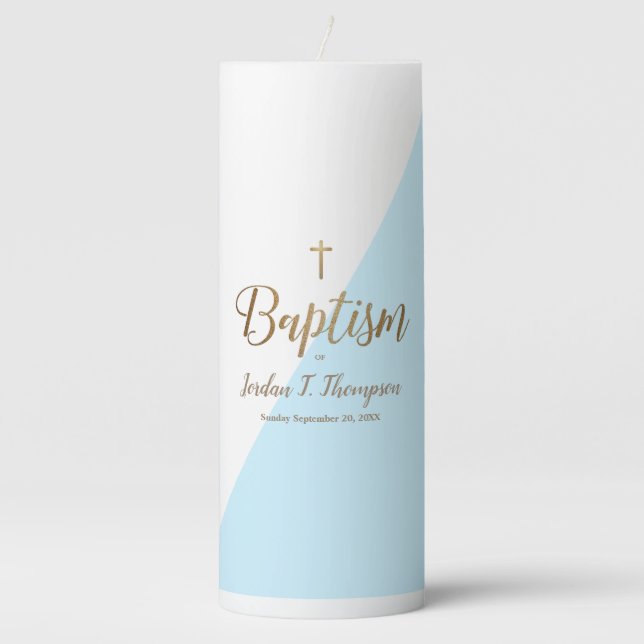 Simple Blue Gold Cross Baby boy Baptism Name Pillar Candle (Front)