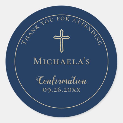 Simple Blue Gold Cross Confirmation Classic Round Sticker