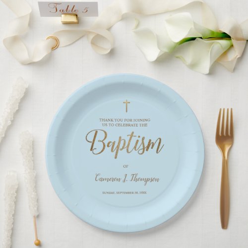 Simple Blue Gold Cross Custom Baby Baptism  Paper Plates