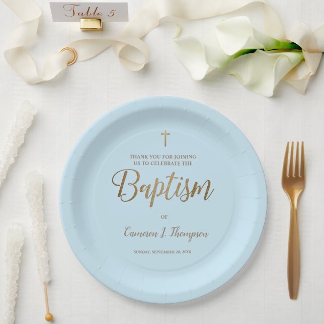 Simple Blue Gold Cross Custom Baby Baptism  Paper Plates (Wedding)