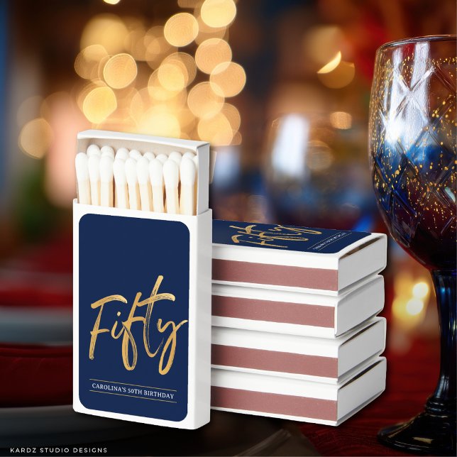 Simple Blue Gold Fifty 50th Birthday Matchboxes (Creator Uploaded)