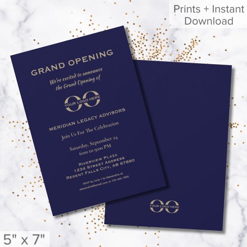 Simple Blue Gold Grand Opening Logo Invitation