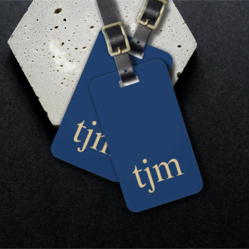 Simple Blue Golden Masculine Monogram  Luggage Tag by Weaselgift at Zazzle
