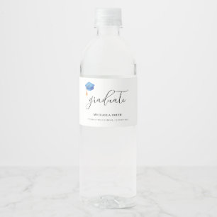 Simple Blue Graduation Cap Script Graduate Water Bottle Label