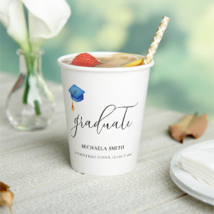 Simple Blue Graduation Hat Script Graduate  Paper Cups