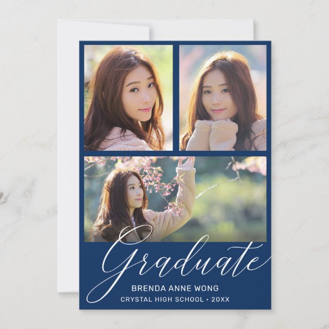 Simple Blue Graduation Photo Collage White Script Announcement (Front)