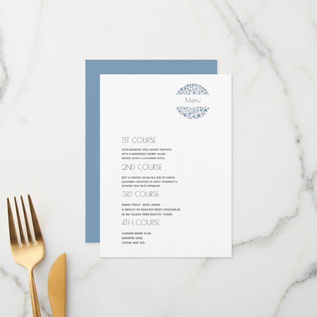 Simple Blue gray  4 Course  Wedding  Menu (Front/Back In Situ)